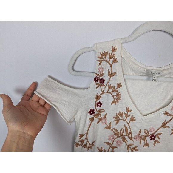 Lucky Brand S Floral Embroidered Tee Shirt Top Cut Off Open Sleeves Boho Hippie - Picture 6 of 10